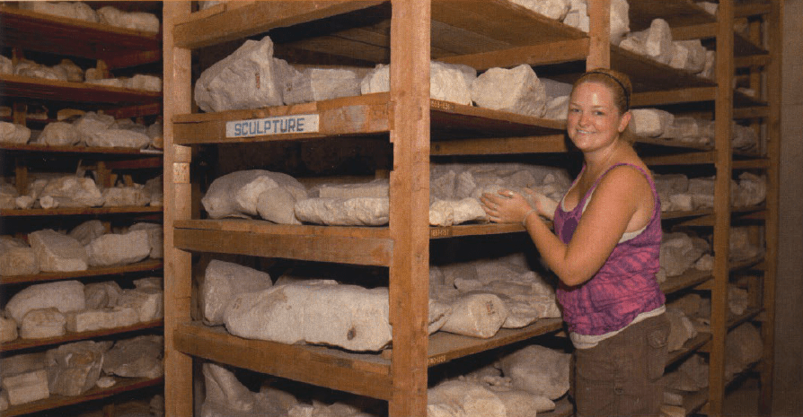 Katie during sculpture storage collections work at the Athenian Agora Excavations, 2010