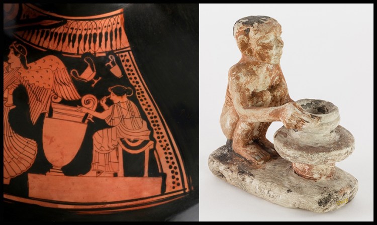 Greek pot showing the production and painting of pottery on the left. Model of an Old Kingdom Egyptian potter on the right