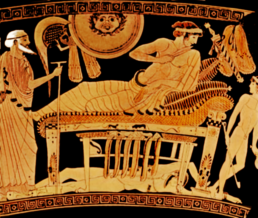 Red-figure Skyphos by the Brygos Painter: The Brygos Painter illustrates the Ransom of Hector, and he shows the Trojan king as a stately figure, with his entourage bearing gifts, who approaches the Greek hero to try to persuade him with words. The Brygos Painter’s Priam has a slightly open mouth and seems to be speaking. This is closer to the scene as presented in Book 24 of the Iliad, in which Priam evokes the pathos of old age that Achilles should feel with regard to his own aged father. Priam argues that Achilles should respect the same pathos as it is felt by Hektor’s father. The anger of Achilles is appeased and he takes mercy on Priam, relinquishing the body. Words of wisdom spoken by old men have won the day. This image is a drawing of the red-figure version on the Brygos Painter’s skyphos in Vienna as shown in the Furtwängler drawing dated 1924.