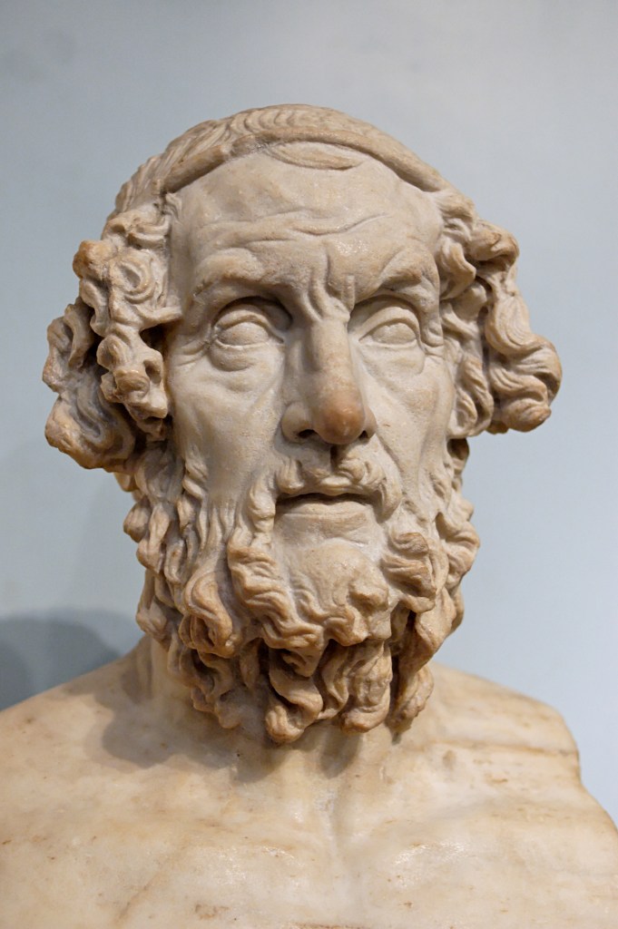 Portrait of Homer: No one knows what Homer looked like – tradition dates him centuries before the first portraits of individuals were created. Literary sources said he was blind, and some portraits show his eyes closed. All show him as an elder. Old age as a characteristic of poets and philosophers was virtually universal in the Hellenistic period when this fictional portrait was first carved. Portrait in the British Museum, London, 1805,7-3.85, Roman version of a Greek original of the 2nd-1st century B.C.