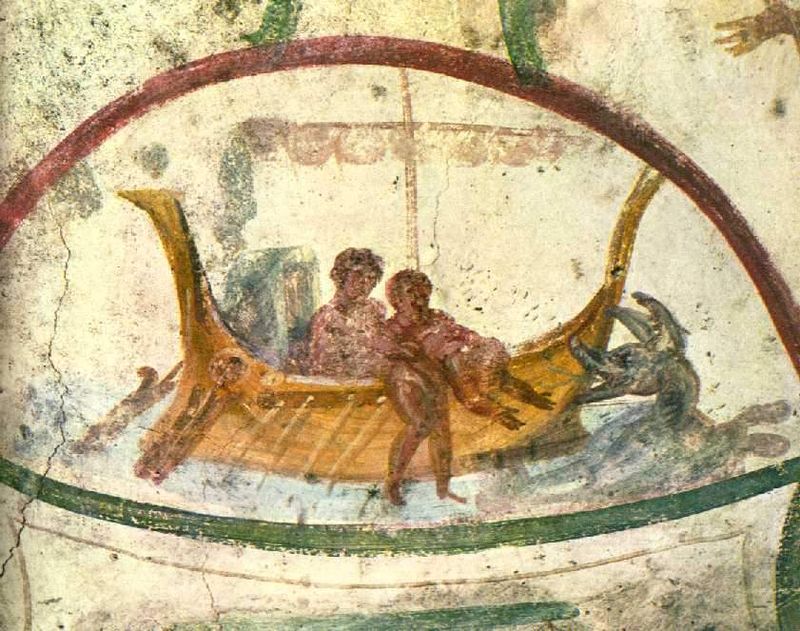 Figure 2. Jonah being lowered into the sea in the midst of the storm as a sacrifice to save those aboard the ship, Catacombs of Marcellinus and Peter. 