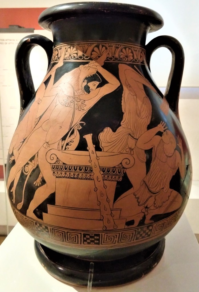 Athenian red-figure pelike by the Pan Painter, ca. 470 BCE. Herakles confronts the pharaoh Busiris and his priests. National Archaeological Museum, Athens. Photo by Author