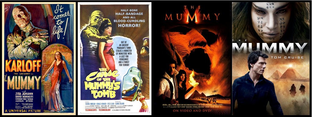 Movie posters for four films about mummies