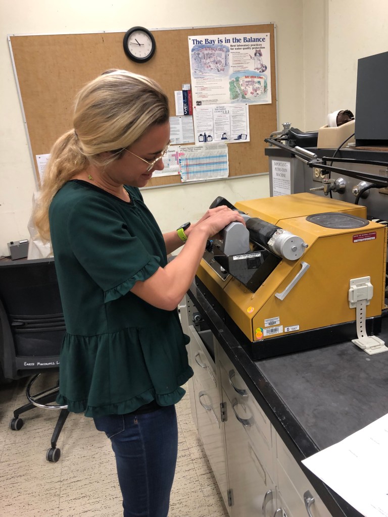 Amanda preparing soil thin sections for micromorphological analysis.