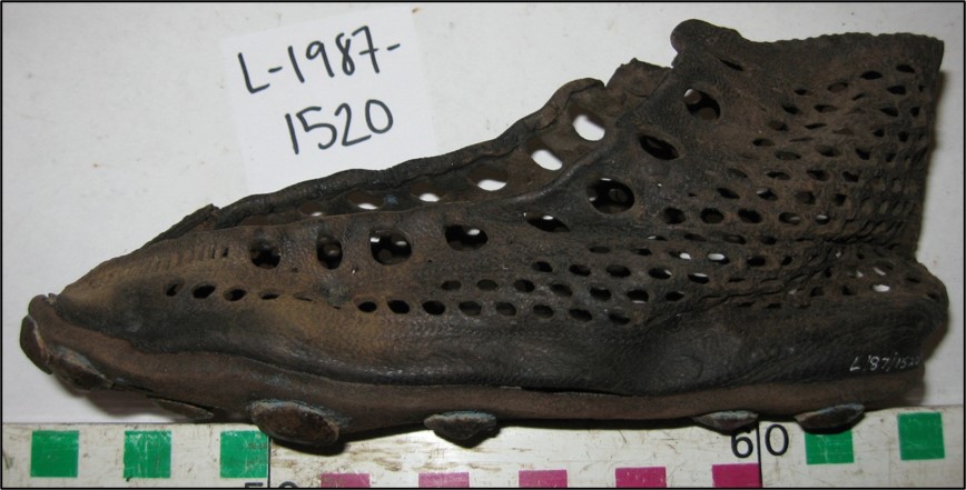 A brown leather shoe with many small fishnet- like holes. 