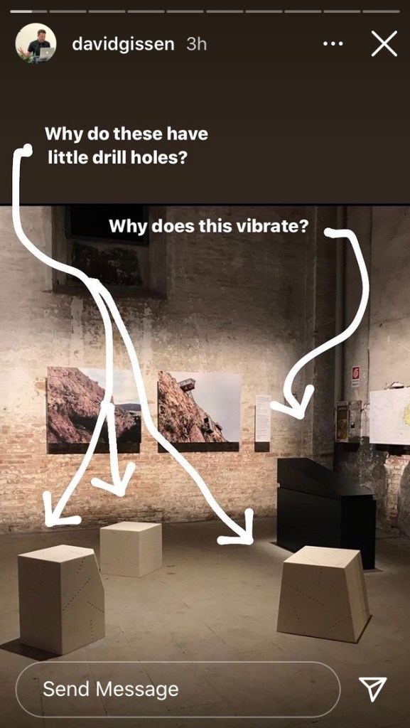 David Gissen types a set of questions in white text, with arrows pointing to the rock-seats and the vibrating model of the ramp. He asks: Why do these have little drills holes? Why does this vibrate?