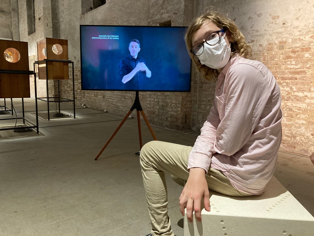 A boy wearing glasses and a face mask, seated on a stone with a pattern of holes drilled into it to evoke the weathering of rock, in front of a monitor on a wooden easel in which a man performs in sign language.