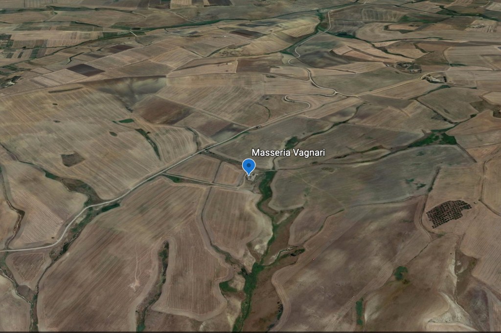 The location of Vagnari in Italy highlighted by a location marker on a Google Earth map.
