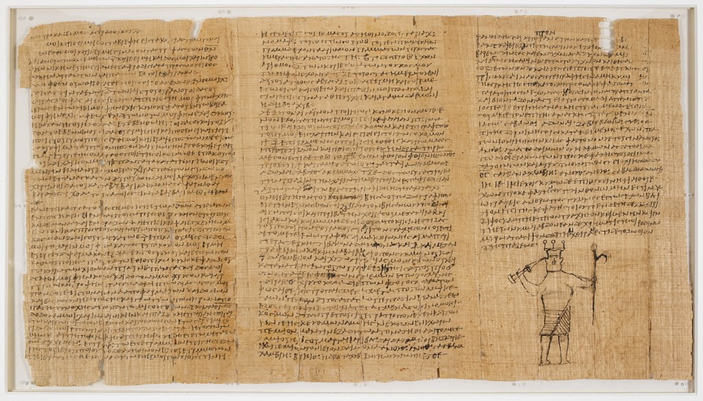 A Greek papyrus containing two spells. At the end of the papyrus is a drawing of the Egyptian god Bes.