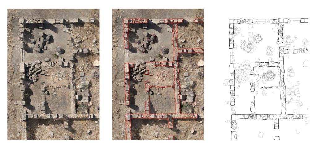Aerial photo and drawing of a bakery in  the Maison au Buste de Bronze at Volubilis. 