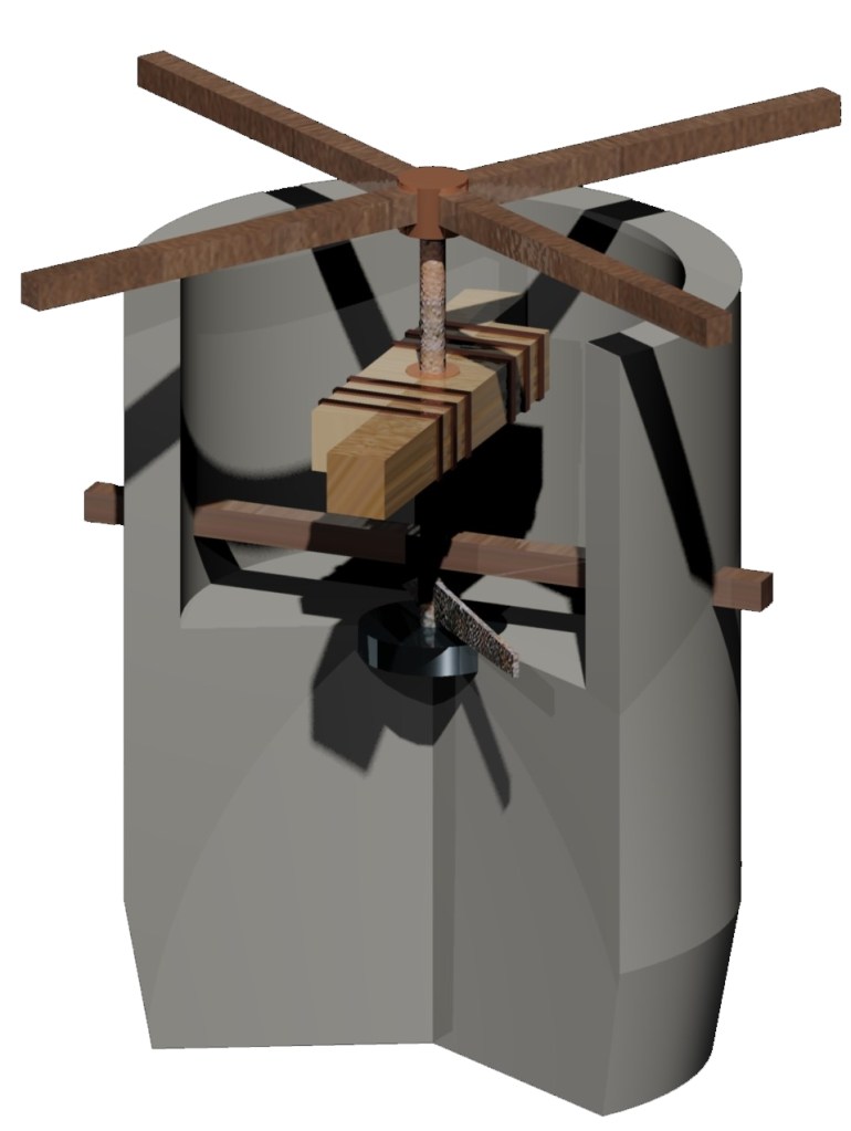 3D reconstruction of an ancient Roman dough mixer, which takes the form of a cylindrical vat, turned by four bars at the top in the shape of an 'X'. 