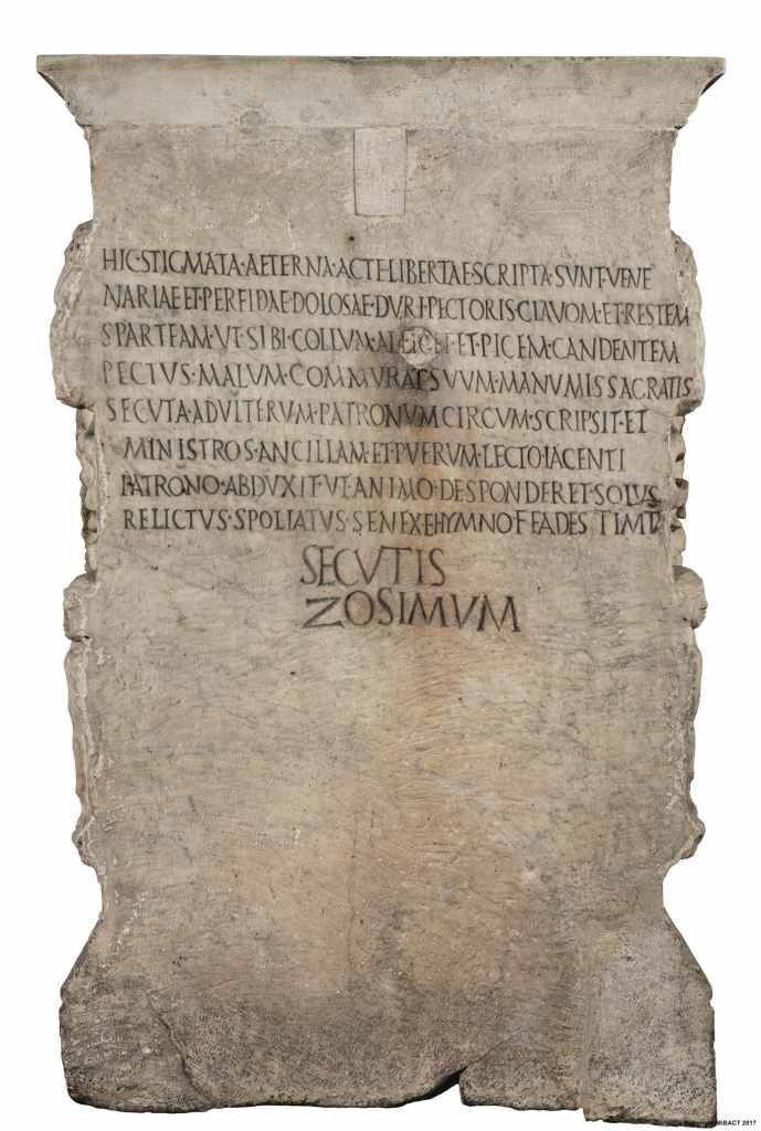 The back of the altar of Junia Procula which contains a curse enacted by Euphrosinus on his cheating wife.