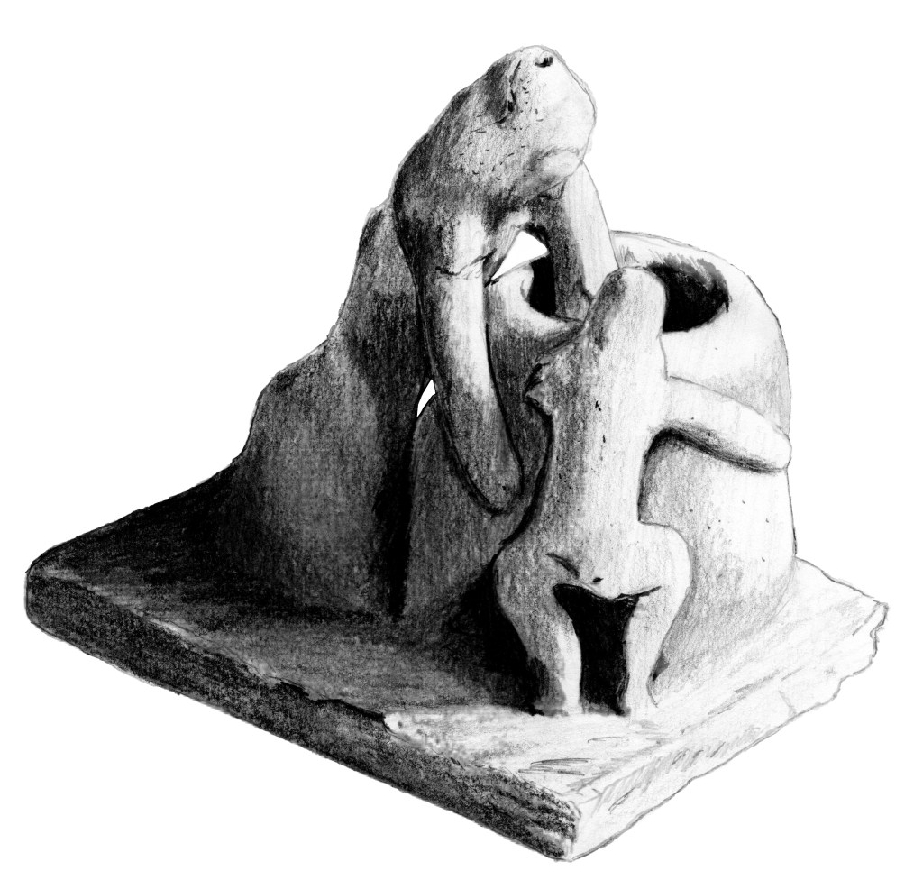 Drawing of a woman and a smaller individual using a large, round upright oven.