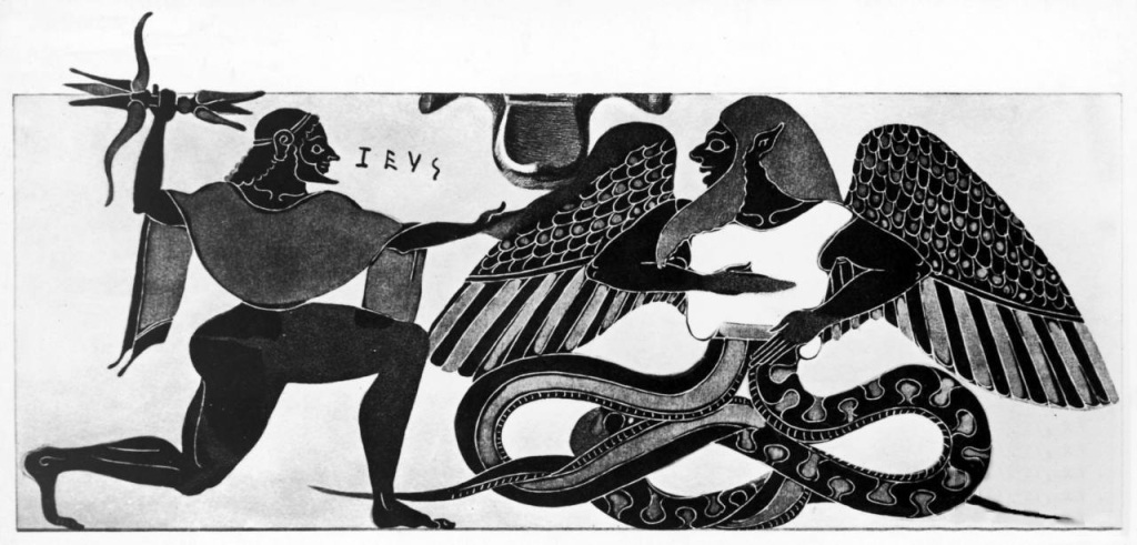 Drawing of an image from a vase which depicts Zeus fighting Typhon. Zeus lunges towards Typhon with the thunderbolt in his hand.