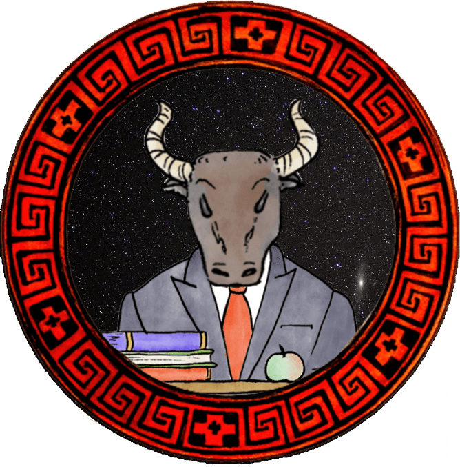 Logo with a minotaur wearing a suit and sitting at a desk that has 3 books and an apple.