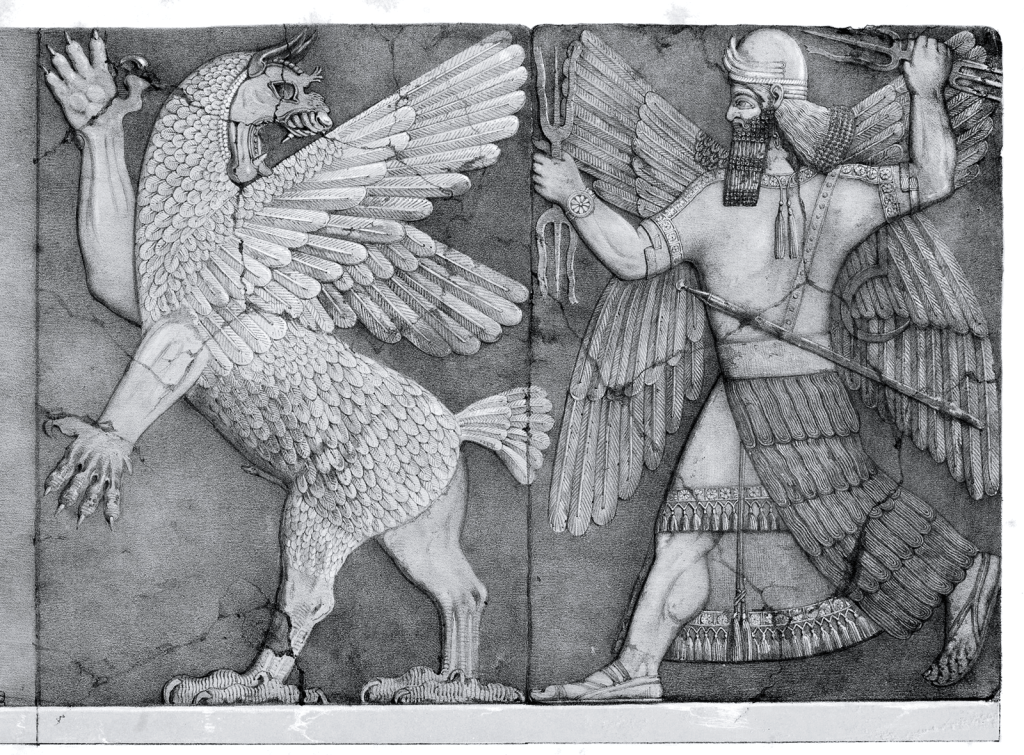 A bas relief featuring the Mesopotamian god Ninurta chasing the Anzu, depicted here as a lion-headed eagle.