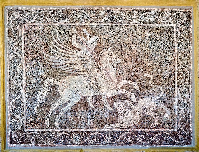 Mosaic depicting Bellorophon riding Pegasus about to strike down the Chimera beneath Pegasus' front legs.