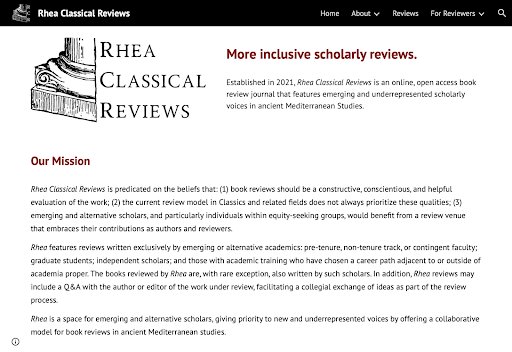 A screenshot of the Rhea website mission statement, with the tagline "More inclusive scholarly reviews".