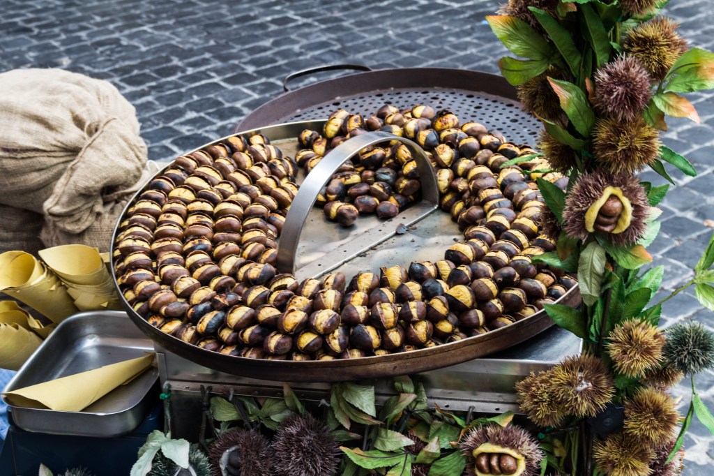 A tray of roasted chestnuts sits on top of a metal box surrounded by fresh chestnuts, a fabric sack, and paper cones to put the chestnuts in. 
