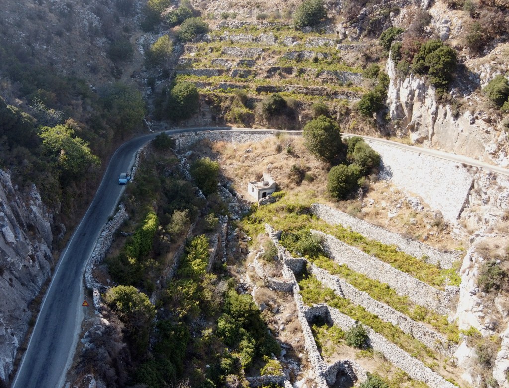 vineyards grow on incrementally stepped mountainsides. A road runs around the lower portion of the vineyard.