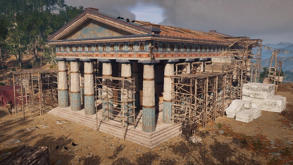 Screenshot from the video game Assassin's Creed Odyssey showing the digital representation of the Temple of Apollo