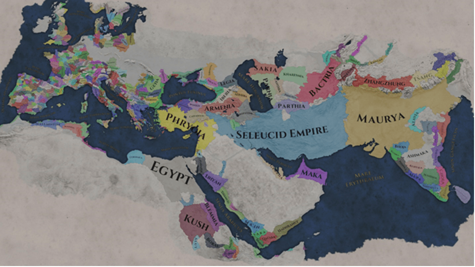 A colourful map of the Roman Empire as seen in the video game Imperator