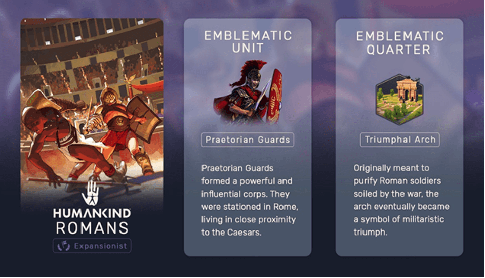 A promotional photo for the game Humankind, showing three images: fighting gladiators in the Colosseum, a Praetorian Guard, and the Triumphal Arch.