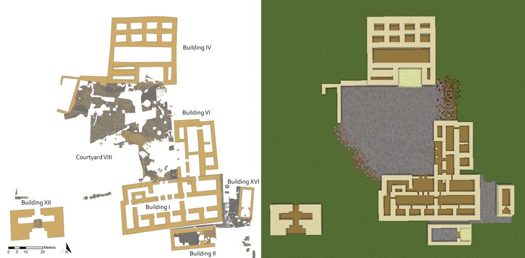 A Hittite settlement layout from above versus a Hittite settlement layout as reconstructed in Minecraft