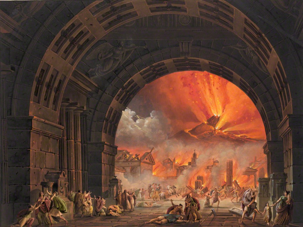 a painting of mount vesuvius erupting , and the buildings of pompeii on fire, as the people fall down and flee