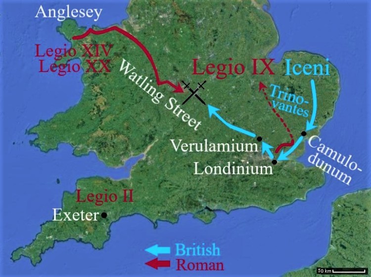 a aerial/satellite view map detailing Boudica's final battle