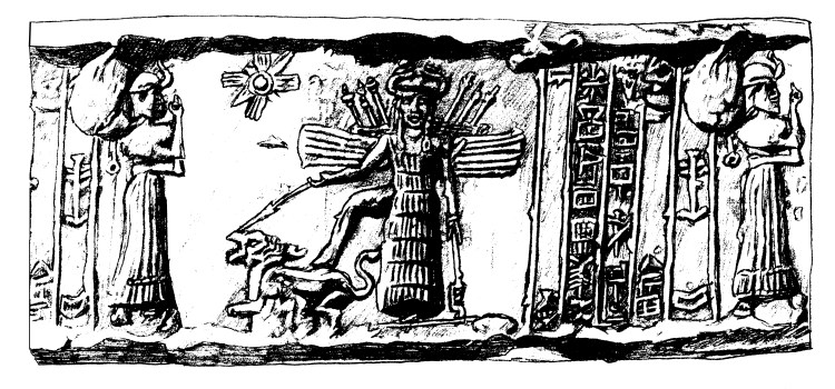 A drawing of the Ishtar Seal. Ishtar stands in the middle, flanked by a woman on either side, and other symbols