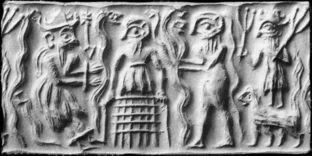 a seal impression from ancient Sumeria shows the god Dumuzid being tortured by three galla demons in the underworld. 