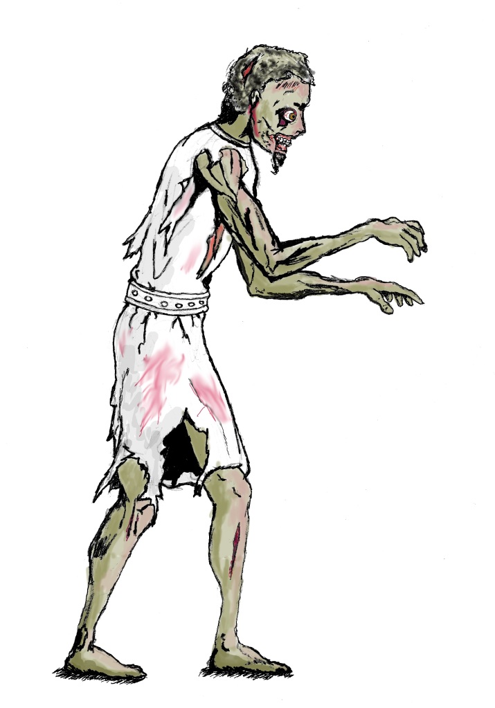 A digital drawing of a Greek revenant. It has short dark hair, grey skin, walks with outstretched gnarled arms, is slightly hunched over, and has a decaying face. It wears a white Chiton which has gashes in it.
