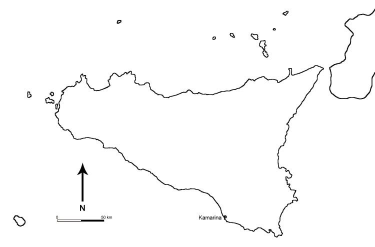 A simple line drawing map of Sicily.