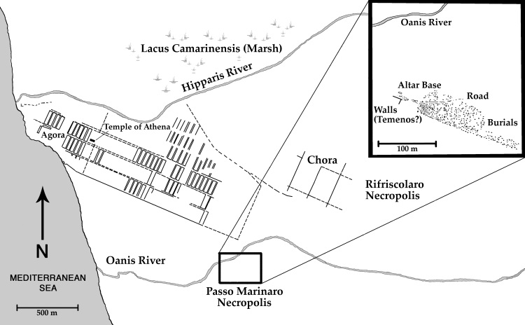 A map of Kamarina shows the detail of Passo Marinaro necropolis. It lies just south of the Oanis River, close to the Mediterranean Sea.