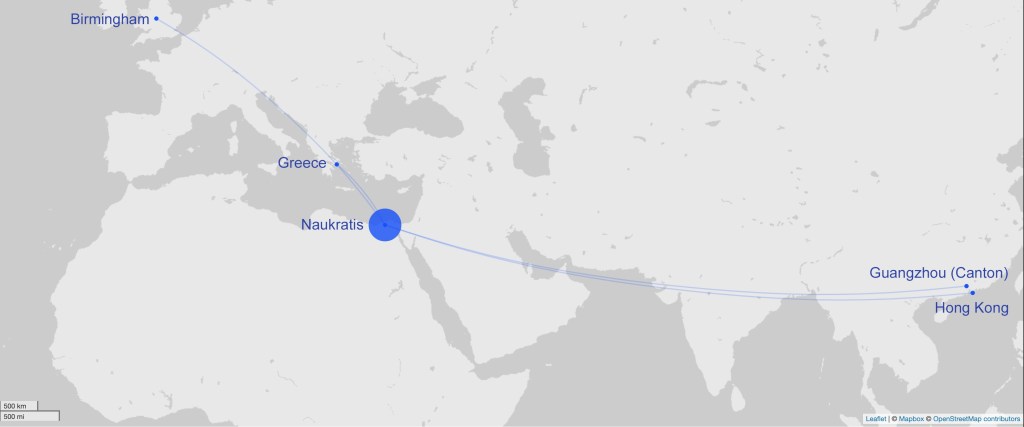 Map of northern Africa, Europe, and Asia showing locations of Birmingham, Greece, Naukratis, Guangzhou, and Hong Kong