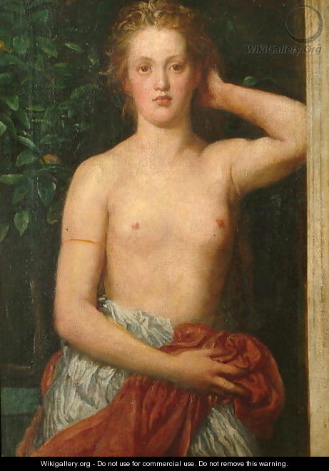 George Frederick Watt's oil painting of Rhodopis, who stands with left hand behind head, right hand clasping garments at waist; upper body exposed.