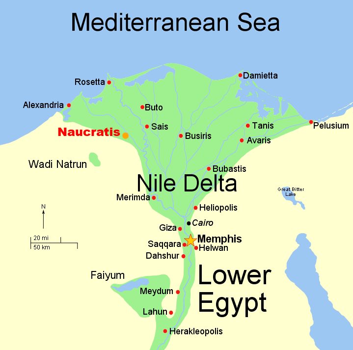 Map of Nile Delta region showing location of Naukratis in red