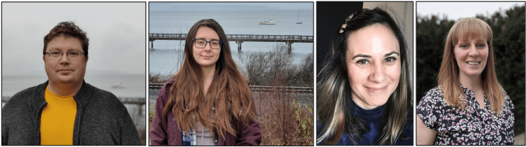 Four images of the members of the Ancient World in 3D Project. In the first image Alan Wheeler is wearing a yellow shirt and a grey sweater and stands in front on the ocean. In the second image, Alexis Nunn, with long brown hair, wears a purple jacket and stands in front of a bridge. The Third photo is a selfie of Erin Escobar, who has long light brown hair and wears a blue shirt. In the last photo, Christine Johnston wears a floral shirt and stands in front of some greenery. 