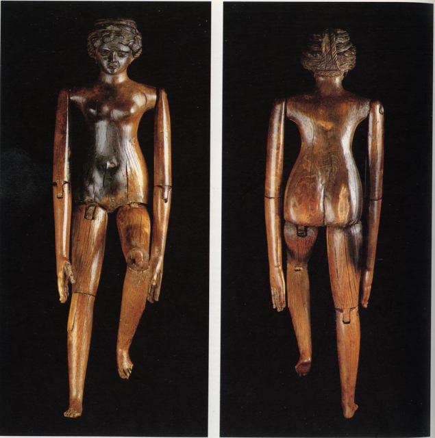 Two images, one showing the front and the other the back, of a naked female doll made of ivory. The doll has visible jointed limbs.