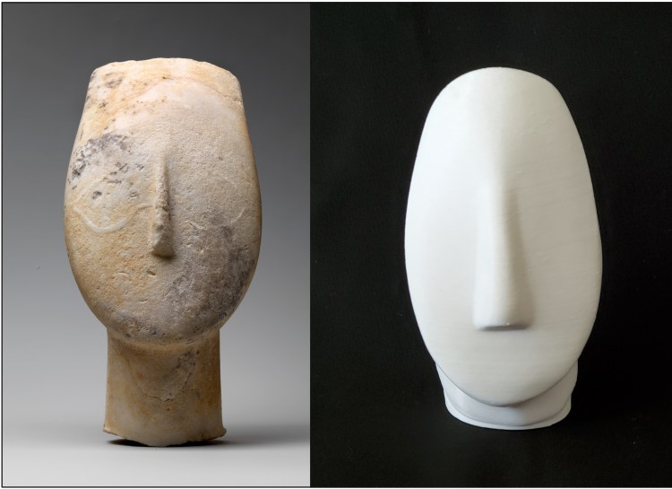 There are two images here. On the left is is a yellow oval-shaped head atop a long rectangular neck. The only visible facial feature is a long, narrow nose. The image on the right is a 3D reconstruction of a Cycladic head, again with a long oval head, a short neck and a long nose. This one is white. 