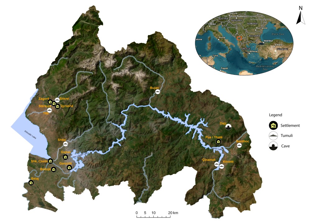 A topographic map of Albania and Kosovo, which indicates the settlements, tumuli, and caves covered in the author's study. In the top right corner is a zoomed out map of southern Europe with the study area outlined in red.