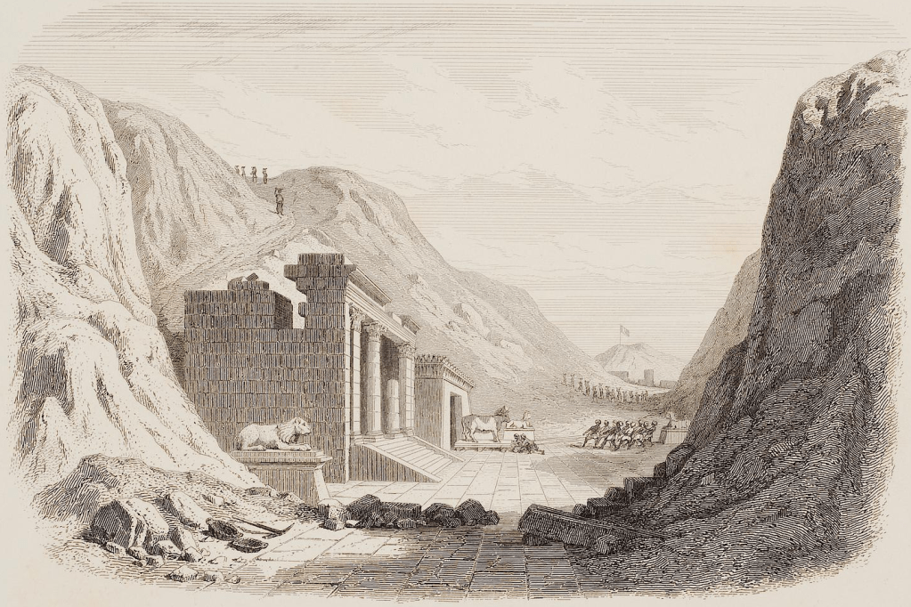A drawing in grayscale that depicts the partially excavated remains of a temple between two large mounds of earth. 