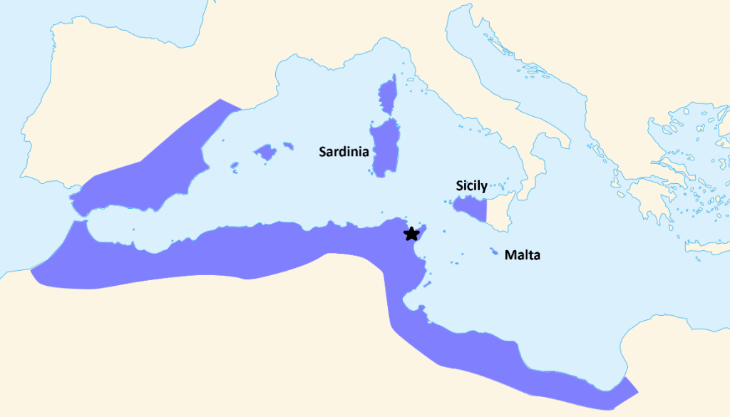 A map of the ancient Mediterranean world in which the extent of the Carthaginian Empire, at the end of the 4th century, is highlighted in purple. This area encompasses much of North Africa, Sardinia, the western half of Sicily, and southern Spain.