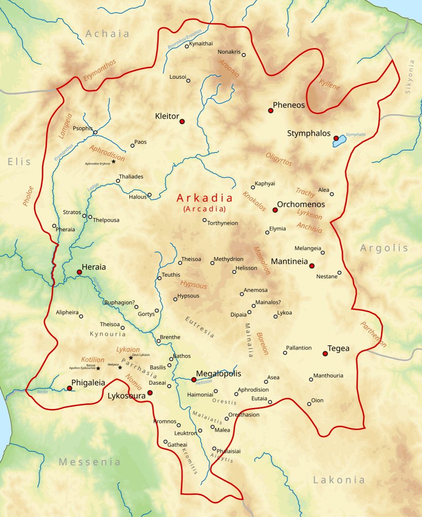 A topographical map showing all of the major known sites in Arcadia, Greece (Northeastern Peloponnese)