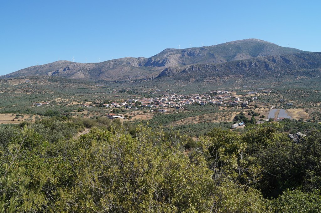 Greece, Argolis, Acropolis of Kazarma: View from the acropolis to the north on the village of Metochi. In the background there is mount Arachneo (Arachnaion) and the promontory Basiovrakhos.