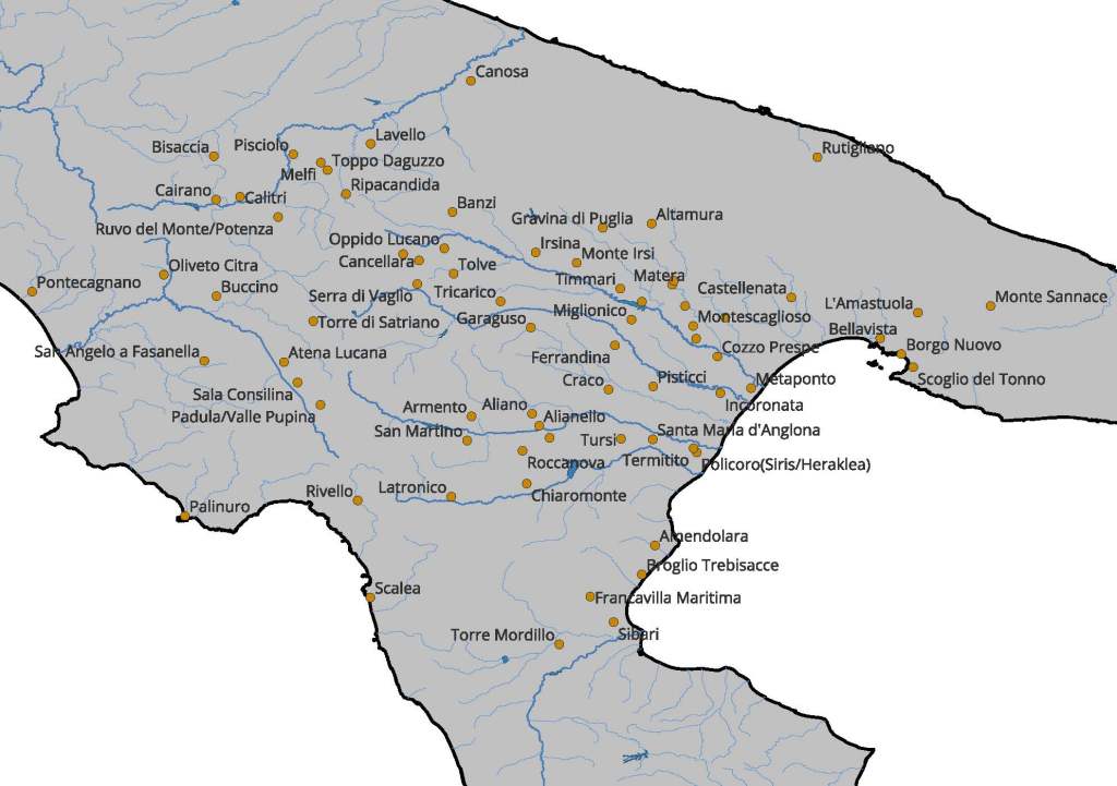 Map of southern Italy denoting all of the sites which have relevant material for the authors dissertation. These sites are marked by yellow dots.