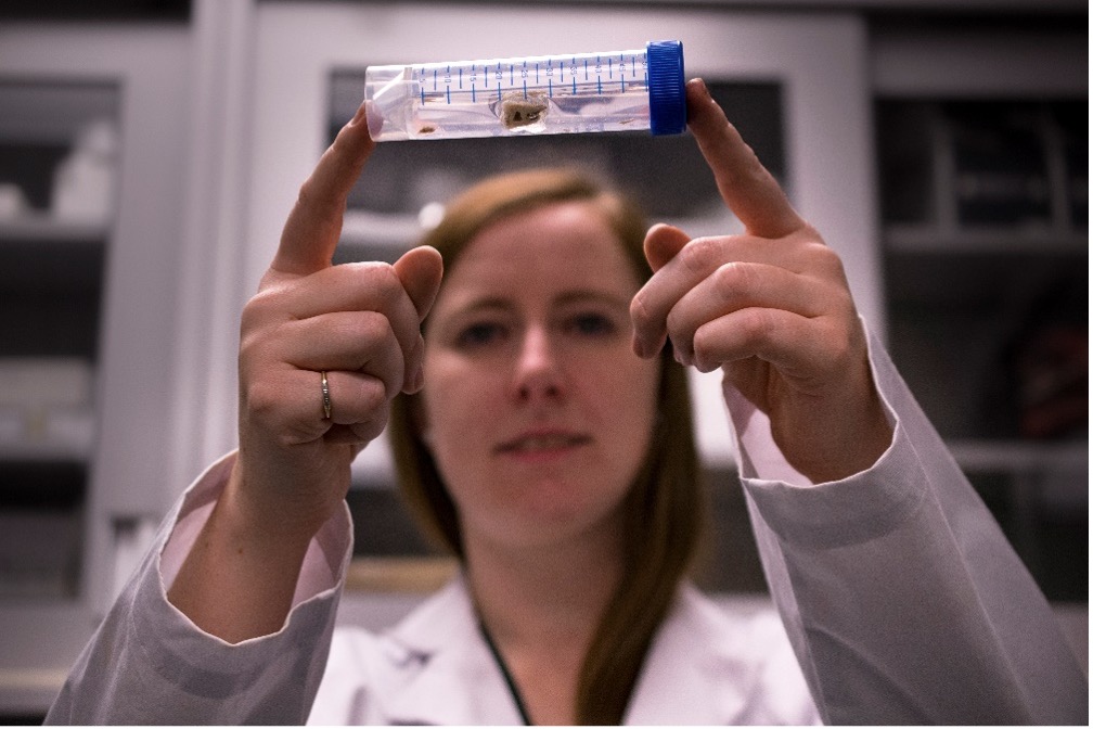 A White woman with blond hair and wearing a white lab coat holds up a test tube with a blue lid.