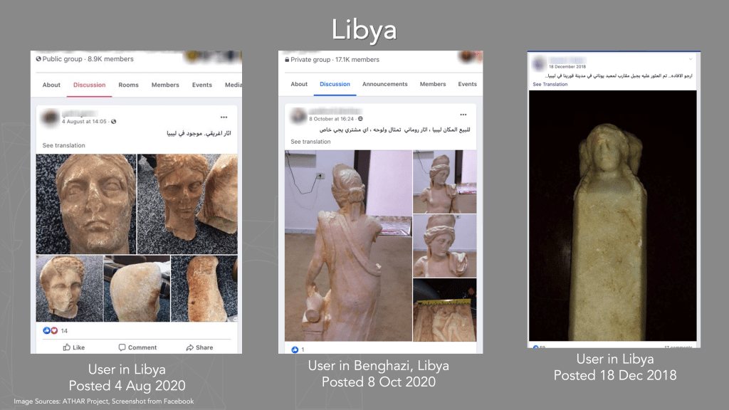 A slide with three screenshots of objects looted from Libya, which were posted to a Facebook group with the intention of trafficking these artifacts.