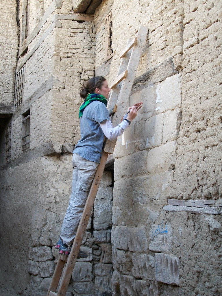 A white woman with her brown hair pulled back into a ponytail standing on a ladder looking at an ancient wall.  
